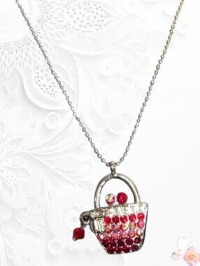 Rhinestone Handbag Pendant Necklace Silver Tone Red Crystal Charm 771